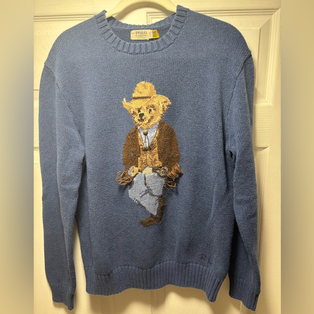 Denim & Supply Ralph Lauren Men Navy Cowboy Polo Bear Pullover Sweater